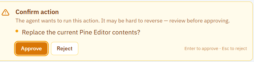 Remix Confirm Action dialog asking for approval before replacing Pine Editor contents