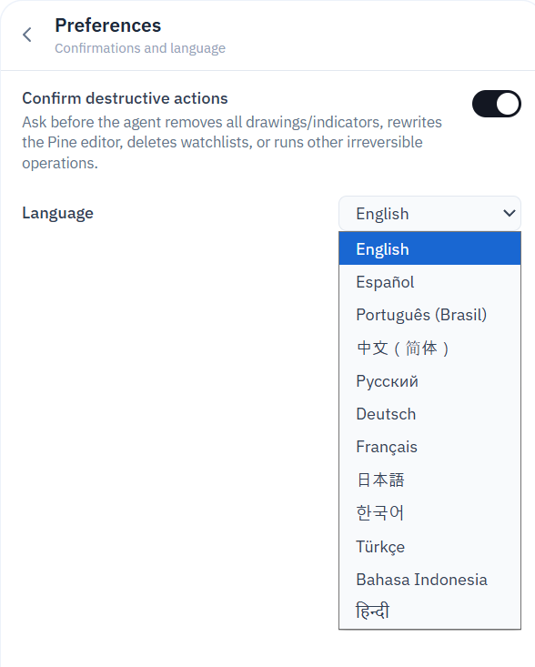 Remix Preferences panel showing the Language setting and Confirm destructive actions toggle