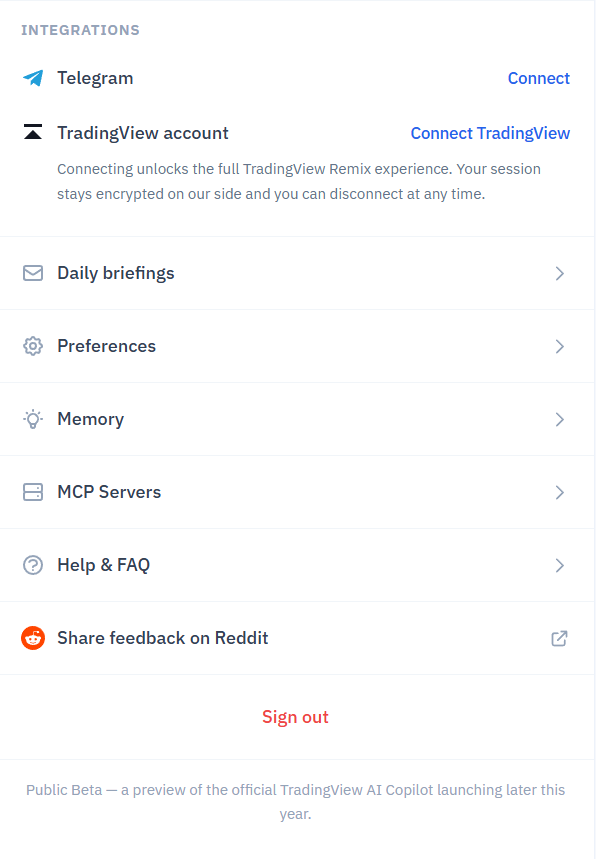 Remix settings menu showing the main configuration sections with the &ldquo;Public Beta — a preview of the official TradingView AI Copilot&rdquo; footer