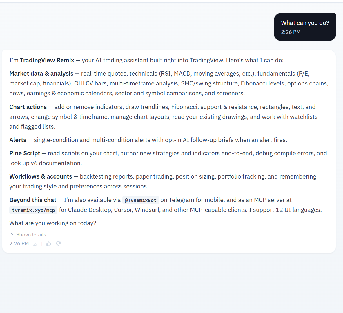 Remix&rsquo;s response to &ldquo;What can you do?&rdquo; listing official capabilities — market data and analysis, chart actions, alerts, Pine Script, workflows, plus Telegram, MCP, and 12 UI languages